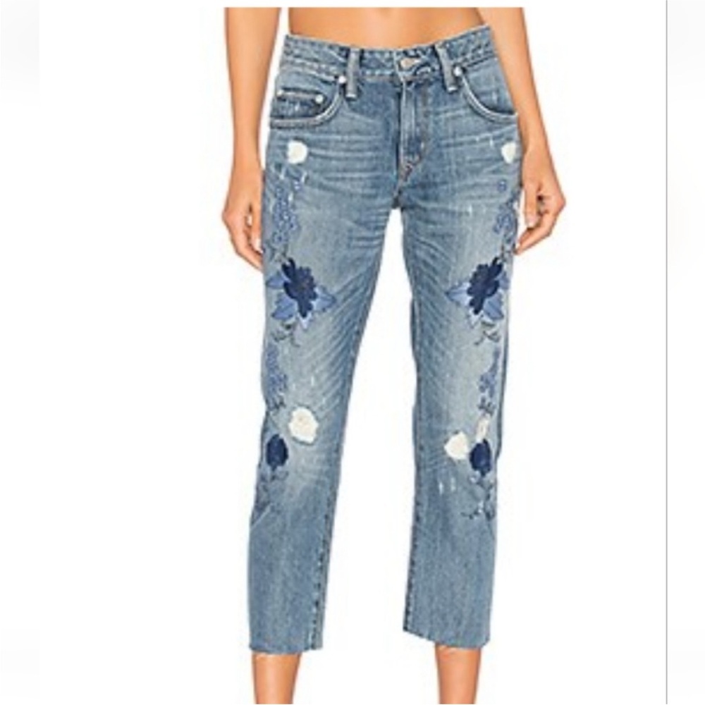 Lovers and Friends Ezra Cropped Embroidered Denim in Rivo Alto. Raw hem. Sz 27